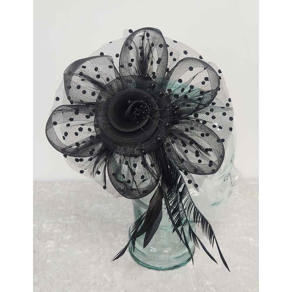 Vintage Womens Black Fascinators Feathers, Beads and Mesh Clip on Headpiece
